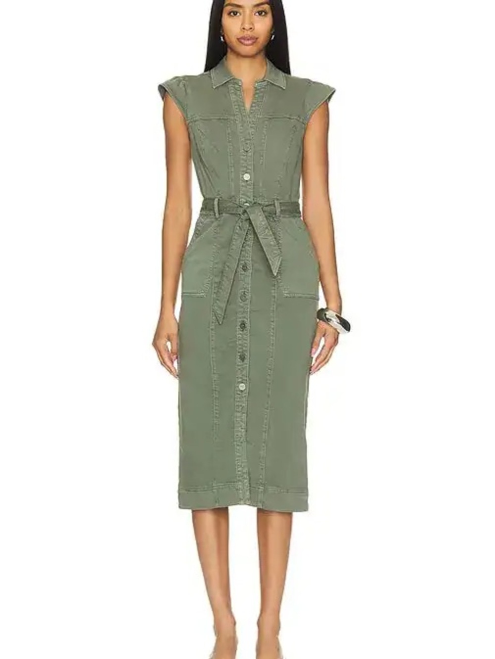 Paige Revolve Vintage Ivy Green Stretchy Jaxsyn Button Front WaistTie Midi Dress